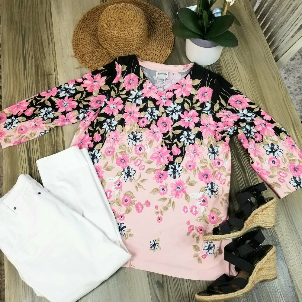 Bon Worth 3/4 Sleeve Floral Print Top Size L